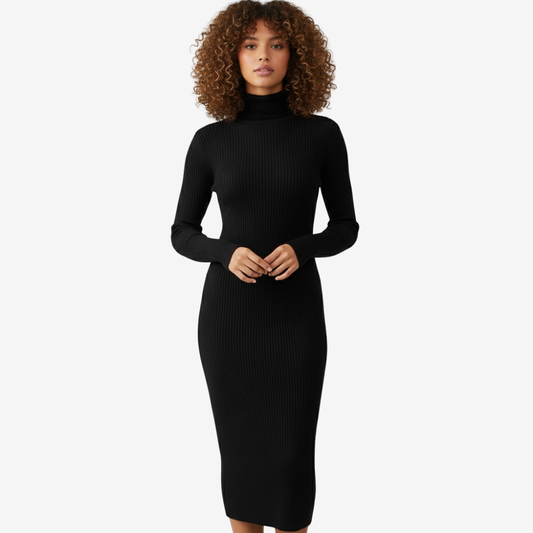 Ribbstickad polokragsklänning i mjukt material med figurnära passform | Edurano