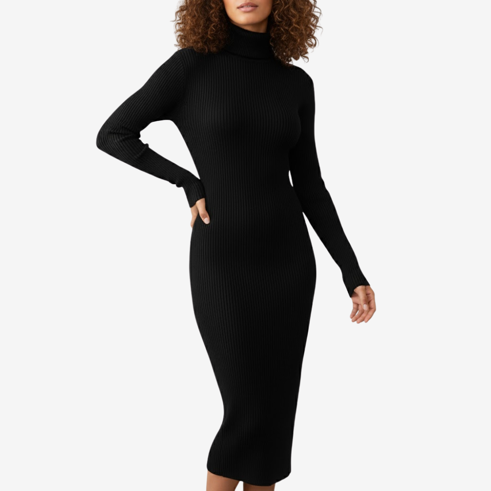 Ribbstickad polokragsklänning i mjukt material med figurnära passform | Edurano