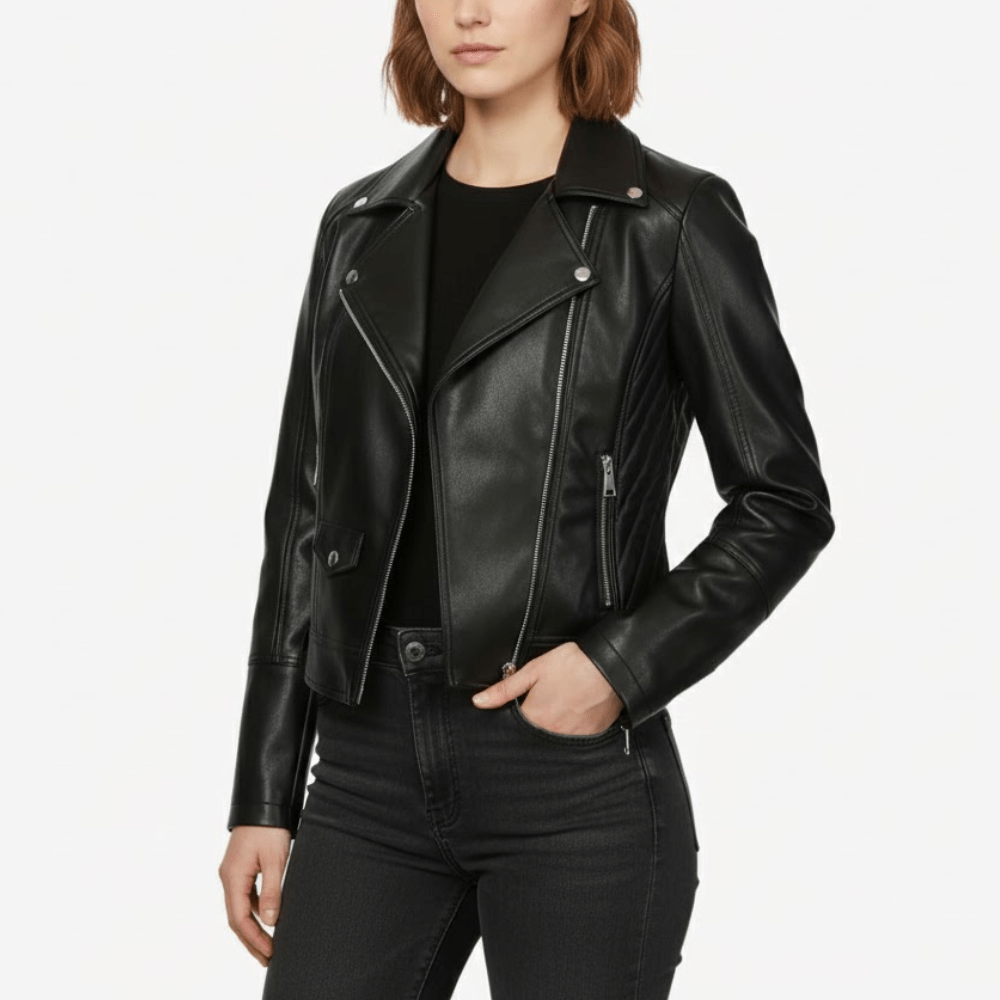 Bikerjacka i konstläder med dragkedjedetaljer | Edurano - Edurano