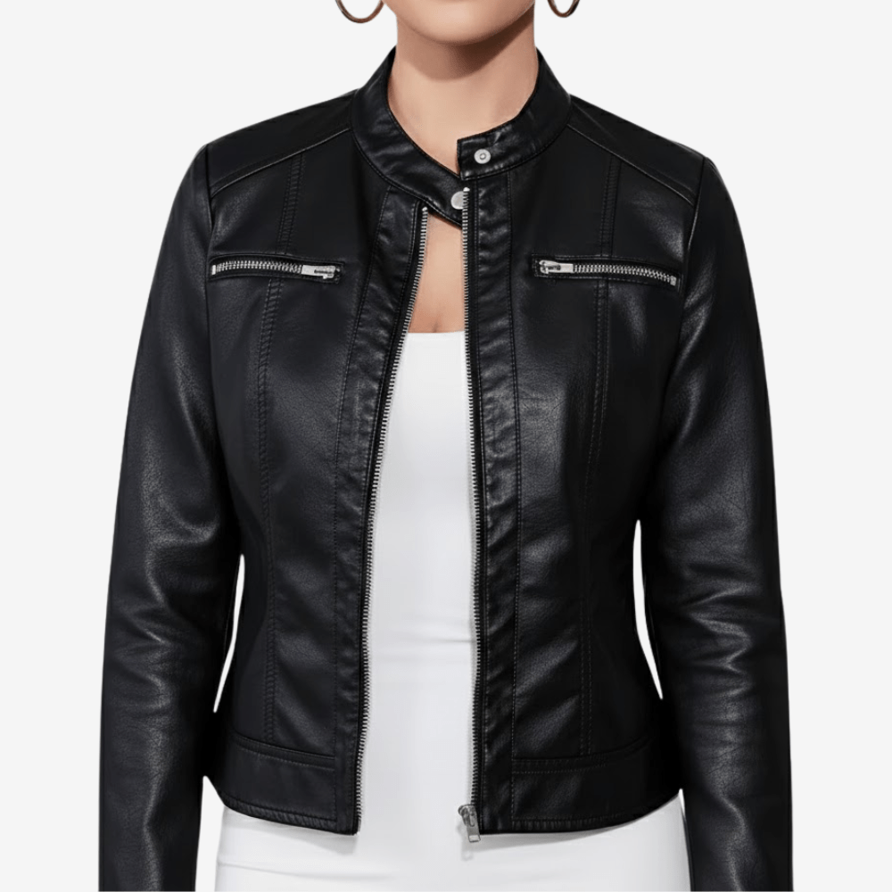 Bikerjacka i svart konstläder med figurnära passform | Edurano - Edurano