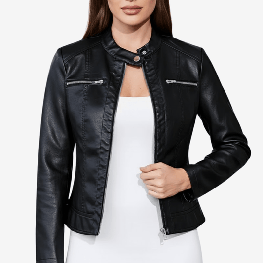 Bikerjacka i svart konstläder med figurnära passform | Edurano - Edurano
